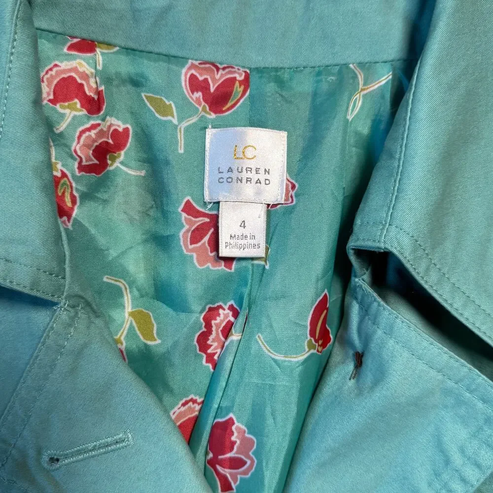LC Lauren Conrad Seafoam Green Trench Coat Floral Lining Size 4 - Picture 11 of 14